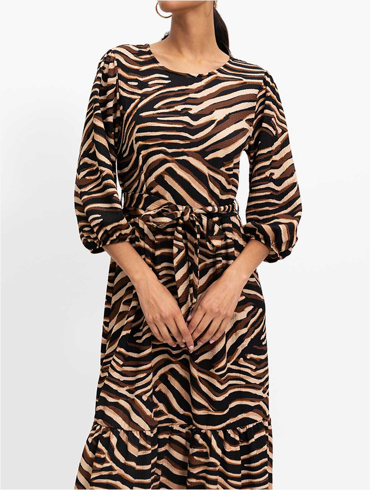 MyRunway | Shop Woolworths Brown Print Belted Tiered Puff Sleeve